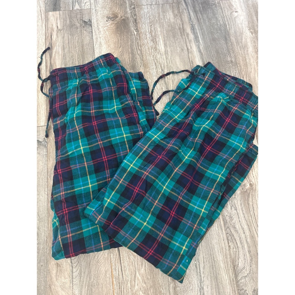 Lands End Mens Flannel Pajama Pants 2 Pack Green Plaid Cotton Tall Size L 38